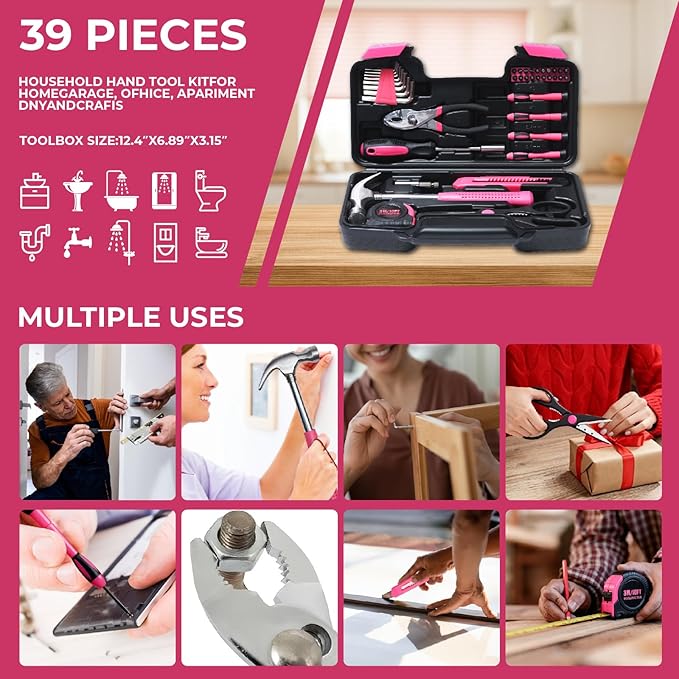 39 Piece Basic Tool kit for Women, All Purpose Pink Tool ser Household Hand Tools with Toolbox for Home Repairs, College Dorm Essentials, DIY Crafts & Gifts