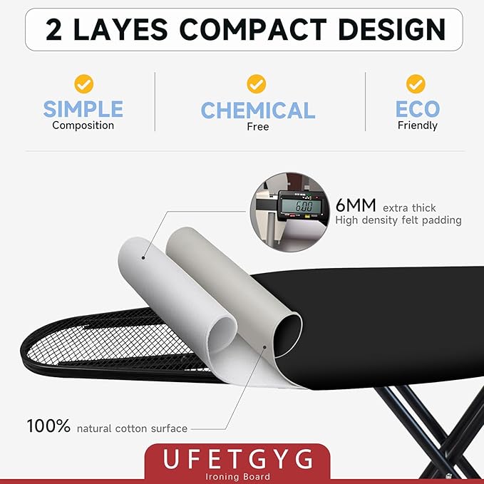 UFETGYG Ironing Board with Iron Rest,Extra Thick Cover,43x13 Compact and Space Saver Iron Board, Height Adjustable,Stable Structure, Easy to Fold, Black