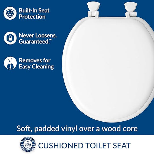 Mayfair Padded Toilet Seat, Cushioned Soft Vinyl over Wood Core Seat, Secure Hinges, Easy Clean, Made in USA, Round, White (Pack of 2)