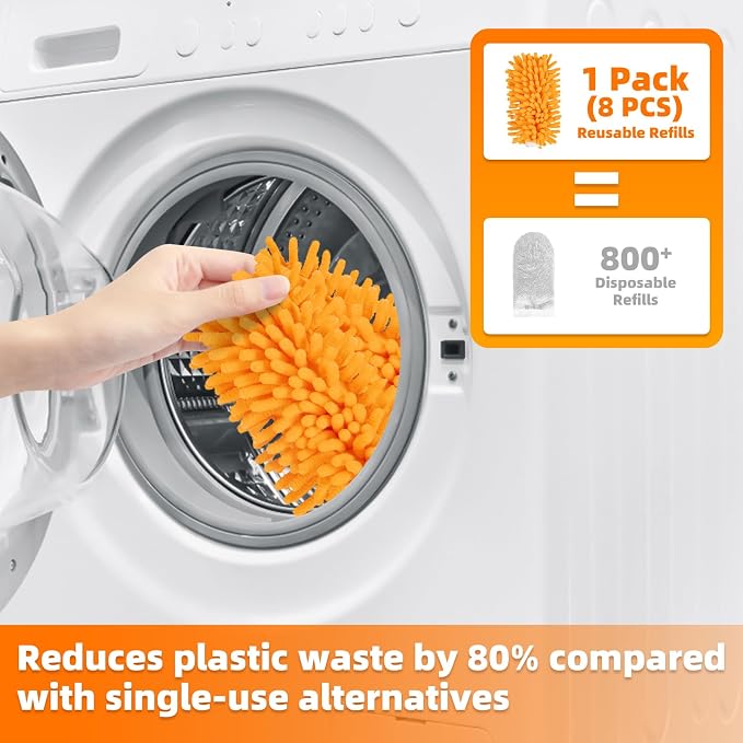 8 Pack Reusable Duster Refills Compatible with Swiffer Duster | Washable 360 Heavy Duty Microfiber Dusters, Include 1 Handle & Laundry Bag, Home & Office Cleaning and Dusting