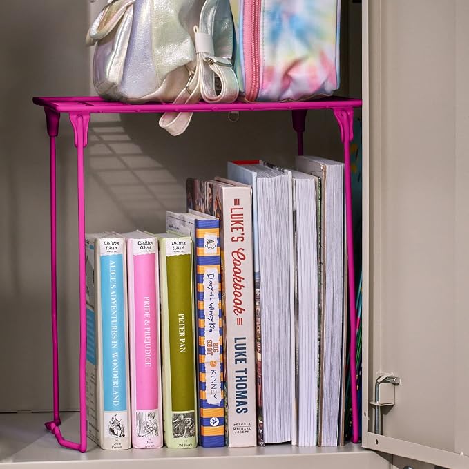 LockerMate Stac-A-Shelf Locker Organizer Shelf, Stackable, Extra Tall, Fits Standard Size School Lockers, Pink