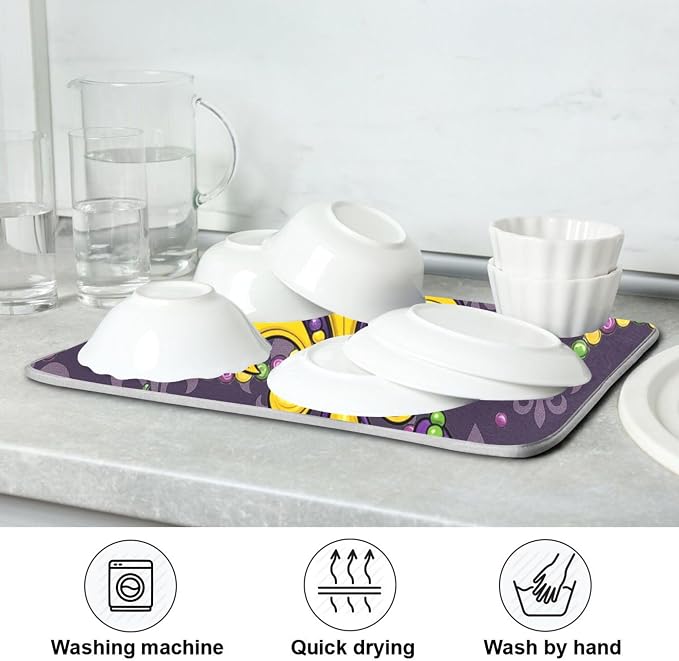 Happy Mardi Gras Purple Dish Drying Mat for Kitchen Countertop 16x18 Fleur de Lis Lobster Small Drying Mat Reusable Quick Dry Dish Sink Mats Easy Clean Decorative Essentials