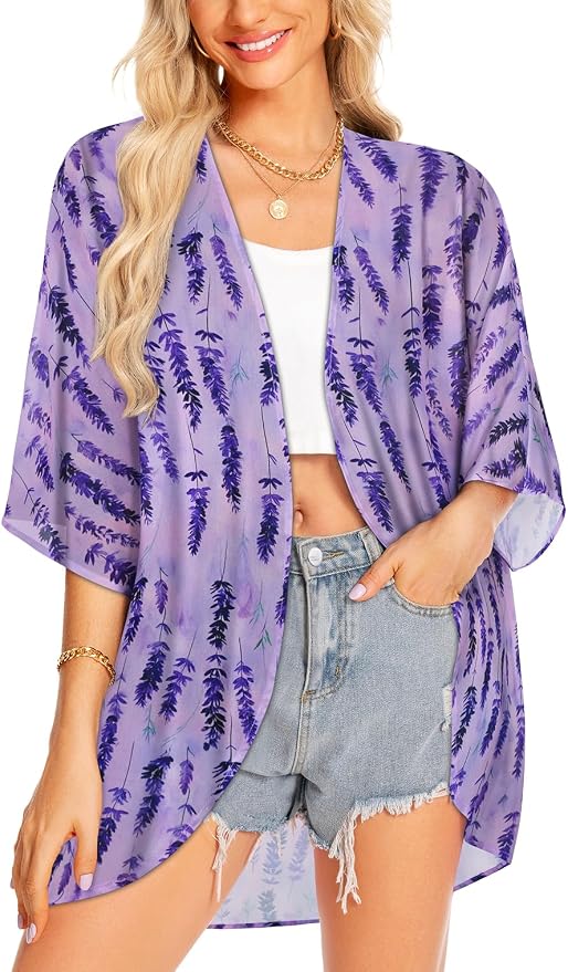 Women Kimono Cardigans Summer Cover Up Hawaiian Shirts Floral Print Tops | ROSEMIA chiffon kimono open front cardigans, beach cover ups, daily casual tops, cruise outfits, summer resort wear