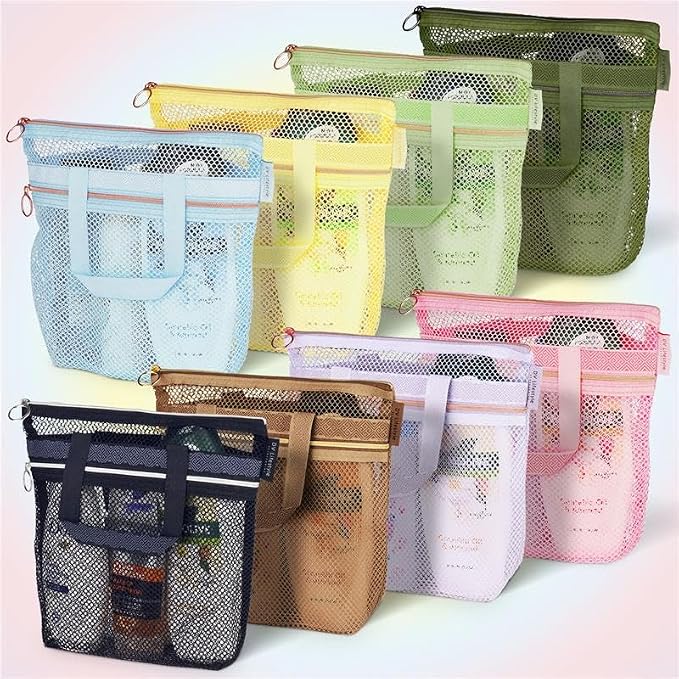 DV Lifestyle Mesh Shower Bag 10.2x9.9'' Quick-Dry Caddy with Zipper & 2 Pockets. Portable Toiletry Tote for Bathroom, Gym, Travel, Camp, Beach, for Sunscreen, Dorm & College Essentials (Blue)