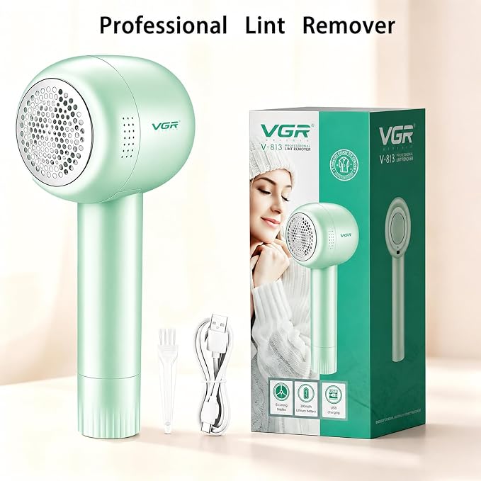 VGR 813 Rechargeable Fabric Shaver,6-Blade Lint Remover,Green | Cordless Clothes Lint Remover for Sweaters, Blankets, Couch, at home or while traveling