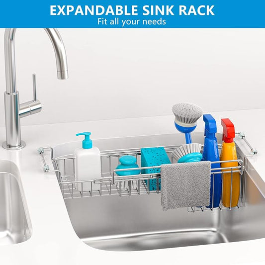 Over The Kitchen Sink Caddy Sponge Holder Organizer Drying Rack Expandable for Sponge Brush Soap Dish Cloth Rag Smaller 14.5" to 22", Stainless Steel
