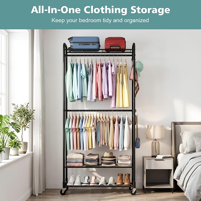 Luxspire Clothes Rack 3-Tier Portable Freestanding Closet with Shelves | Iron mesh storage rack with double hanging rods, multi shelves, suitable for bedroom and cloakroom storage, black