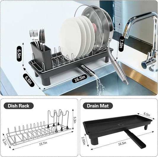 Small Dish Drying Rack for Kitchen Counter, Dish Rack with Detachable Utensil Holder and Draining Tray, Upgraded Load-Bearing Design for Plates Cutlery Pans and Pot Lids, Black