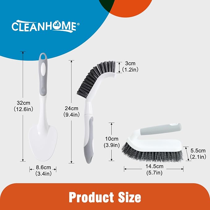 CLEANHOME 3 Pcs Scrub Brush,Multifunctional Cleaning Brush Set | With Non-Slip Handle and Sturdy Bristles,Scrub Brushes for Cleaning Bathroom,Kitchen,Grout,Tile,Grey