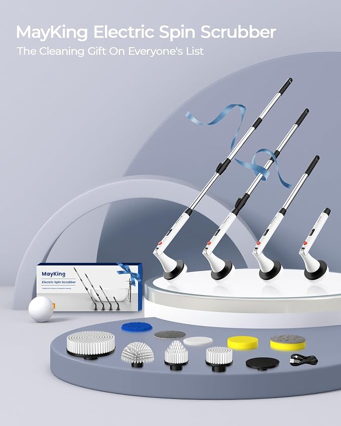 MayKing Electric Spin Scrubber with 9 Brush Heads, IPX7, Model White | 3-Angle & 4-Length Adjustable Cordless Power Scrubber, 3-Speed & Battery LED Display, for Bathroom, Tub, Floor & Tiles