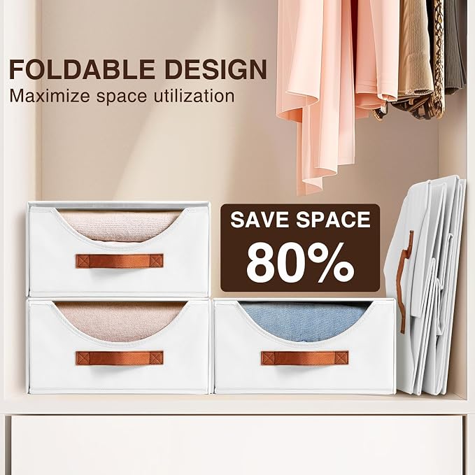 Homsorout Stackable Storage Drawers - Large Collapsible Storage Bins with Drawers, 8 Pack Closet Shelf Organizer Basket, Fabric Pull Out Organizer for Bedroom, Living Room, Dorm, White