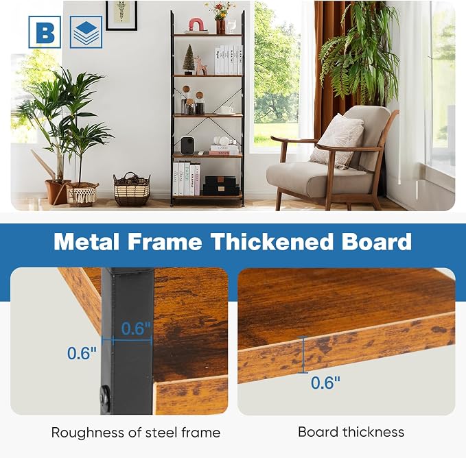 DUMOS 5 Tiers Bookshelf, Classical Modern Book Shelf, Tall Display Shelves in Living Room/Home/Office, Storage Organizer for CDs/Books/Movies, Rustic Brown | Tall Display Shelves in Living Room/Home/Office, Storage Organizer for CDs/Books/Movies, Rusti...