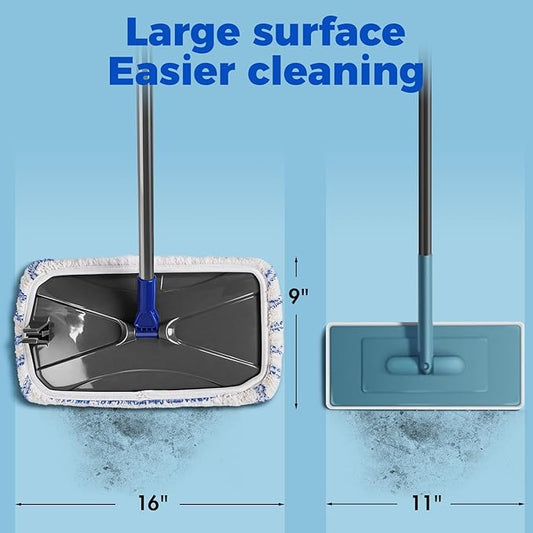 Masthome Extra Large Microfiber Mop for Floor Cleaning, 16“ Flat Mop with 5 Pad for Wet & Dry Use, Dust Mop for Hardwood Laminate Tile Ceramic, 1 Cleaning Scraper Included-Blue