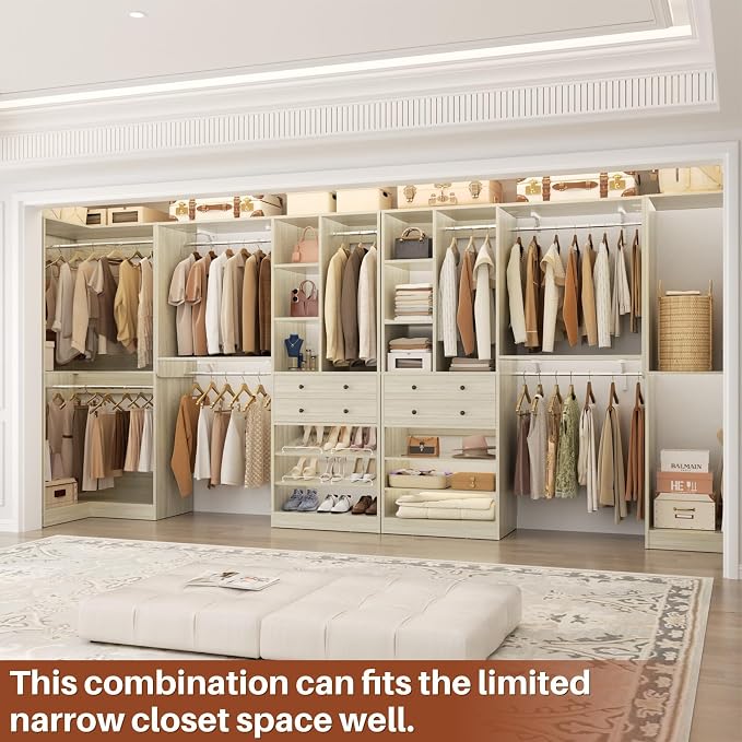 Besiost Closet System with 4 Drawers & Corner Tower, Closet Organizer System with 10 Hanging Robs, Reversible U Shaped Walk-in Closet System, Load 3600+LBS Capacity, Set of 4, Greige Oak