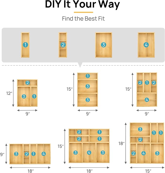 Vtopmart Bamboo Drawer Organizer Boxes - Set of 7 Multi-purpose Wooden Storage Dividers for Kitchen, Bathroom, Office, Desk, Makeup, Jewelry & More, Non-Slip Junk Drawer Organizer Trays for Storage