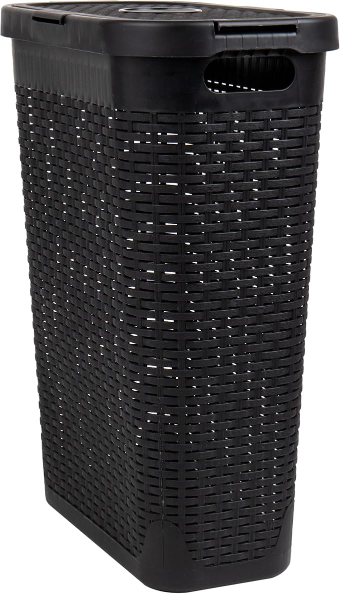 Mind Reader Slim Laundry Hamper with Lid, 40L Clothes Basket, Narrow Tapered Design with Ventilated Cutout Pattern, Plastic, Set of 2, Black