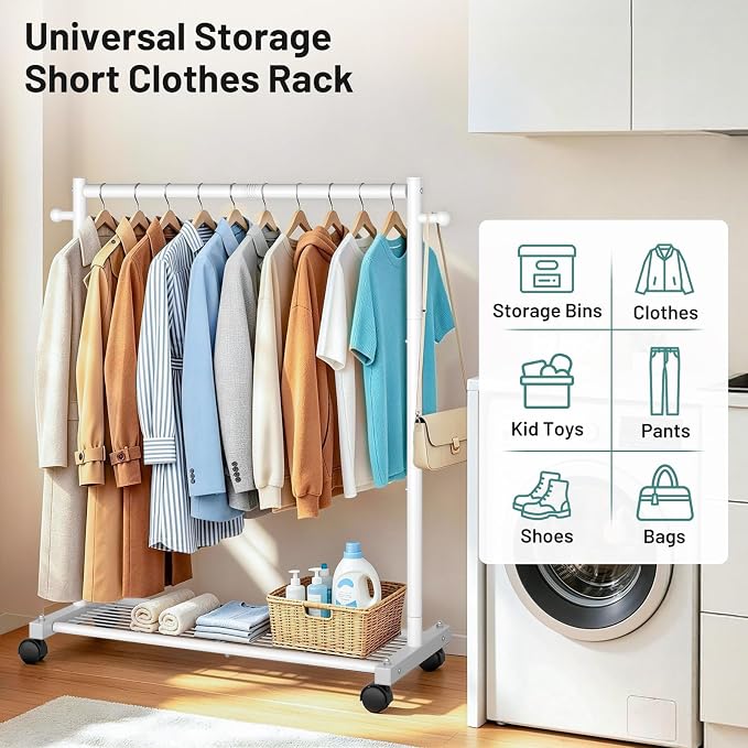 AOODA Short Clothing Rack for Hanging Clothes, Metal Small Clothes racks With Shelves, Heavy Duty Rolling Garment Racks on Wheels for Closet, Wardrobe (White)