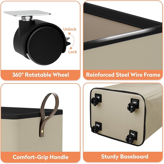 SpaceTrove Rolling Laundry Basket with Wheels, Laundry Hamper, 80L, Beige | Collapsible, 4 detachable wheels including 2 with brakes, sturdy handle, metal frame, for dorms, bathrooms and bedrooms
