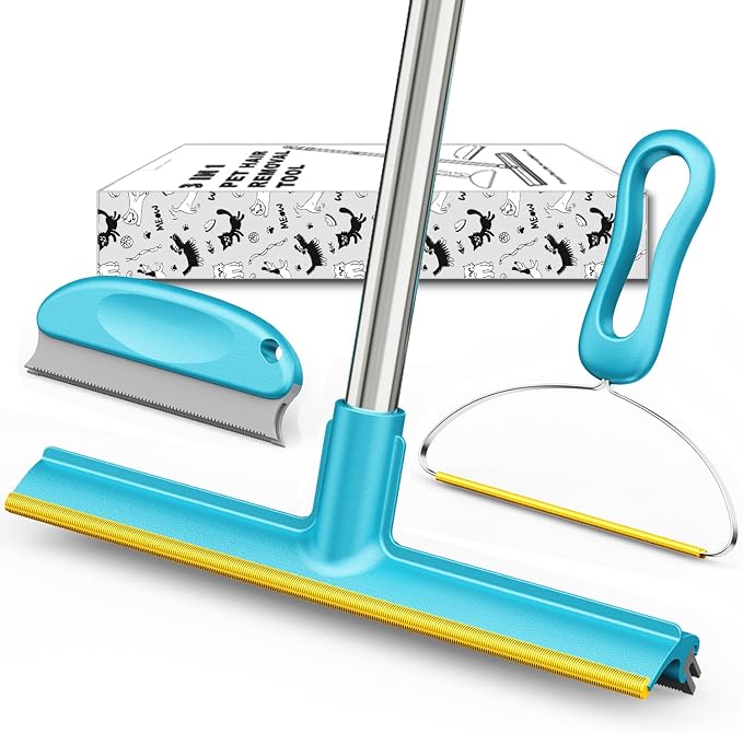 Carpet Rake for Pet Hair Removal (3 Pack), Dog Cat Fur Remover Rubber Broom, Stainless Steel Long Handle Lint Shaver Cleaner Tools, Scraper Brush for Carpet, Rug, Car Mat, Couch, Pet Bed - Light Blue