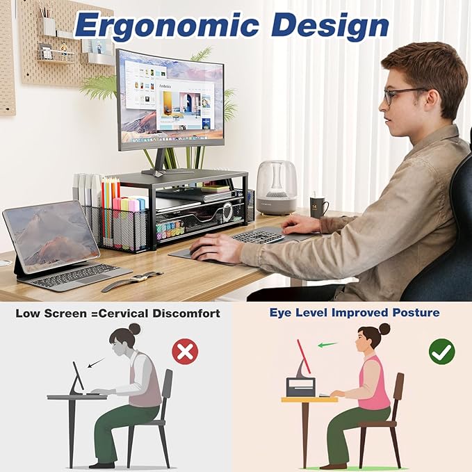 OPNICE Desk Organizer and Accessories, 2-Tier Computer Monitor Stand Riser with Drawer and 2 Pen Holders, Laptop Stand, Office Desk Accessories for Office Supplies, 1 Pack, White