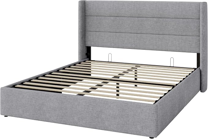 Allewie Full Size Lift Up Hydraulic Storage Bed Frame Light Grey | Modern Wingback Headboard, Hydraulic Support Storage, No Box Spring Needed