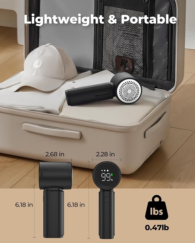 Fabric Shaver, Electric Lint Remover, Sweater Shavers to Remove Pilling with 3 Speeds, 6 Leaf Blade, LED Display & Type-C Rechargeable, Removes Fuzz, Pills for Clothes, Couch, Furniture