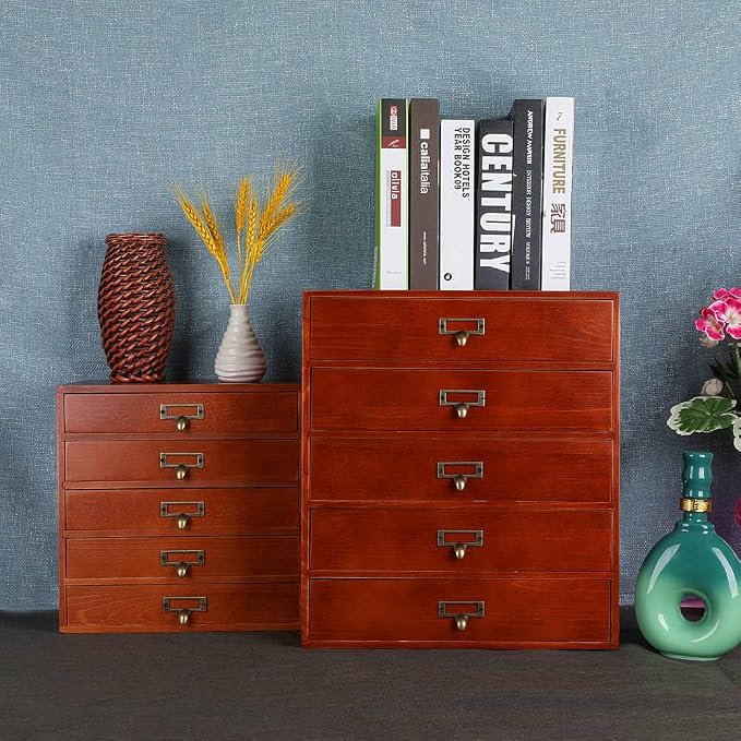 GoooodGift Wooden Drawers Small Wooden Box with Drawer, Brown | 5 Drawer Wood Storage Box , Vintage Desktop Organizer with Drawers, Desk Organizers for Library Card Catalog Cabinet