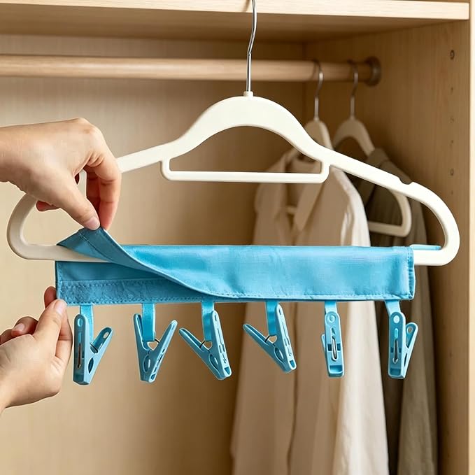 Mini Clothespins Travel Hangers 3-Pack Solid Blue, Foldable Portable Clothes Hangers with 6 Non-Slip Clips for Socks Swimsuit Towel Drying Rack, Cruise Dorm Camping Travel Essentials