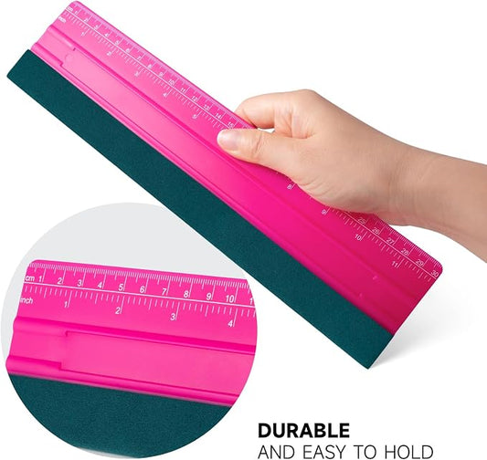 FOSHIO Professional Squeegee for Vinyl, Decals, Sticker Paper, Wallpaper, Window Film, Craft, Suede Felt Squeegee Smoothing Tool with Ruler, Pink (12 inches)