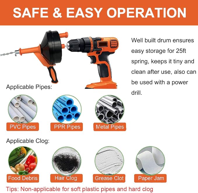 Drain Snake, Drain Auger with Drill Attachment, 25 Feet Plumbing Snake Tool Set Included Drain Clog Remover, Hair Clog Remover & Cleaning Brush for Kitchen, Bathroom and Shower Sink with Gloves