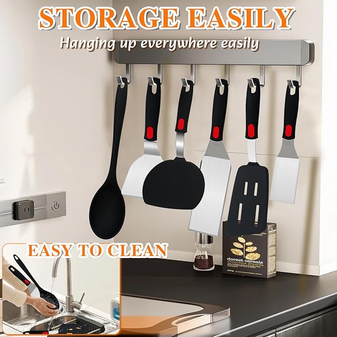 Spatula Set 6-Piece - kitchen utensils set cooking Stainless Steel Turner Set, 600°F Heat Resistant, Metal Spatulas for Griddle/Cast Iron & Nonstick Safe Silicone Tools for Egg, Pancake, Burger