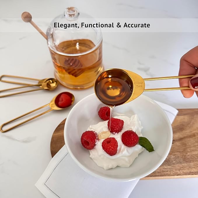 Gold Measuring Cups and Spoons Set, Stainless Steel Measuring Cups, 8 Piece Gold Kitchen Measuring Set, Engraved Measurements, Durable Nesting Design