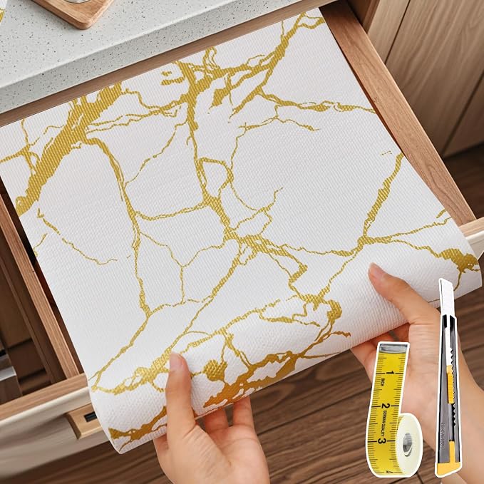Drawer and Shelf Liner for Kitchen Cabinet Non Slip Waterproof | Shelf Paper 12 in X 30 Ft Non Adhesive Refrigerator Liners Gold White Marble Easy Liners for Bathroom Cupboard