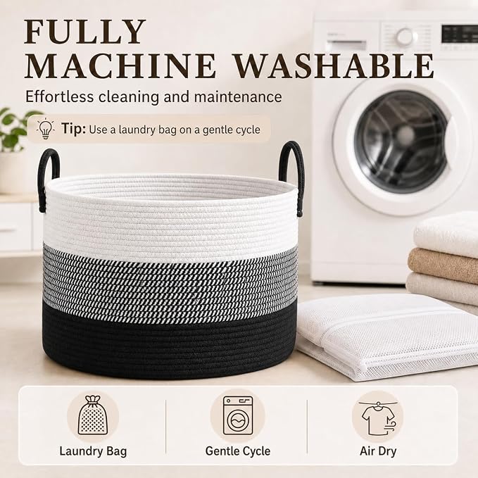 JMvicyroam 65L Extra Large Machine Washable Cotton Rope Blanket Basket | Collapsible laundry hamper, Reinforced handles, For blankets,pillows,toys and clothes, Living room and bedroom,White&BlackMix