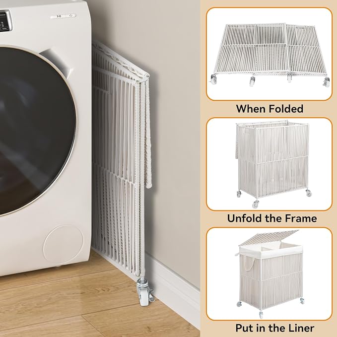 WOWLIVE Rolling Laundry Basket Wheels, Handwoven Laundry Hamper with Lid | Double Clothes Hamper with Divided Removable Bag, 115L Large Laundry Sorter 2 Section, Laundry Room Organization, White