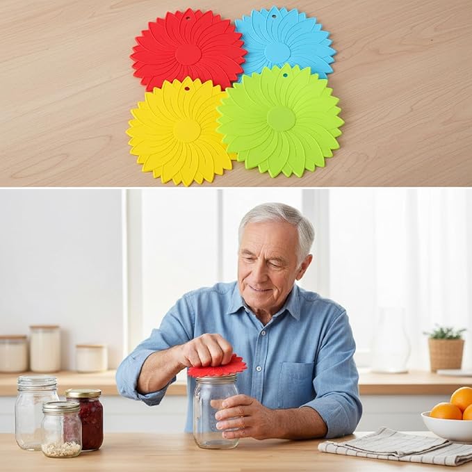 4 Pack Silicone Jar Opener Gripper Pads, Non-Slip Grippers for Opening Jars, Easy-Twist Jar Openers for Weak Hands and Seniors, Dishwasher Safe, Heat Resistant (Vibrant Colors)