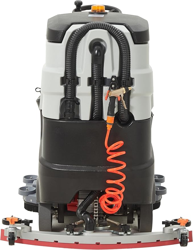 Battery Powered Ride-On Commercial Floor Scrubber Machine, 30" Brush, 39" Squeegee Width, 24 gal Solution Tank, 25 gal Recovery Tank, 5 hr Use 8 hr Charge, 180 RPM, 52,000 Sqft/H, Batteries Included