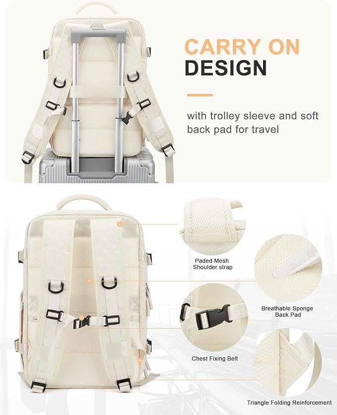 WONHOX Travel Carry On Backpack for Women, Waterproof Laptop Backpack for Traveling on Airplane Hiking Gym Backpack with USB Charging Port Shoe Compartment, Beige