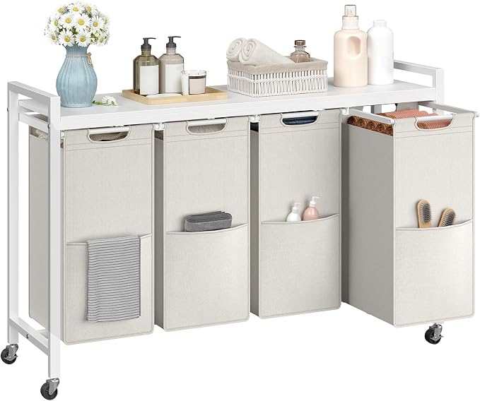 HOOBRO Laundry Sorter 4 Sections, Laundry Hamper with Wheels, 4 × 10.5 Gal (40 L), Rolling Laundry Basket, Pull-Out and Removable Oxford Fabric Bags, White WG04XY01