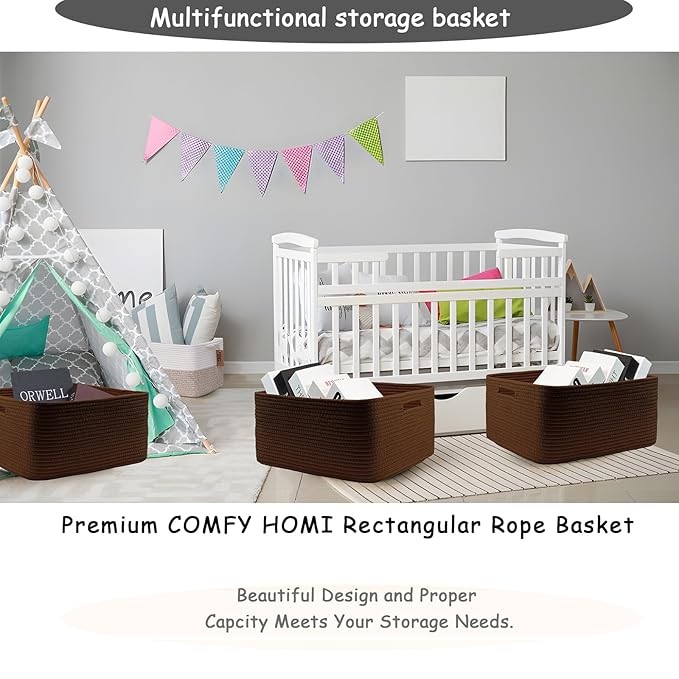COMFY-HOMI Cotton Rope Woven Basket with Handles for Shelves,Toys,Book, Cloth Storage Baskets for Organizing-17" x 13" x 7.5" Toy Decorative Organizer for Living Room, Bathroom (dark brown)
