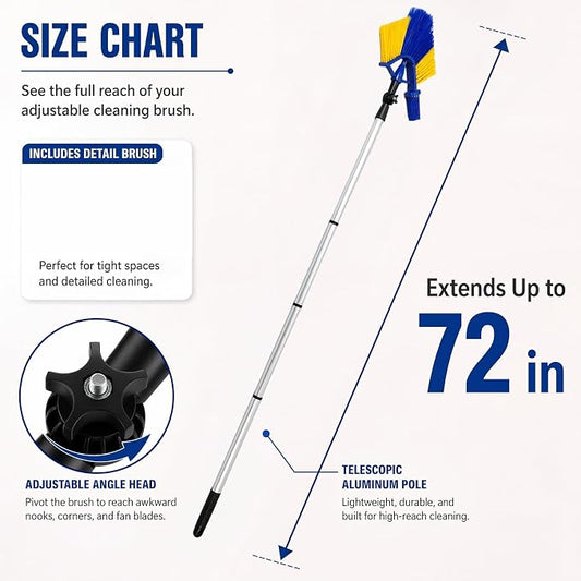 Cobweb Duster with 6ft Extension Pole and Adjustable Angle Brush | telescopic cobweb duster, with adjustable angle head, small detail brush for ceilings, corners, fans and outdoor areas