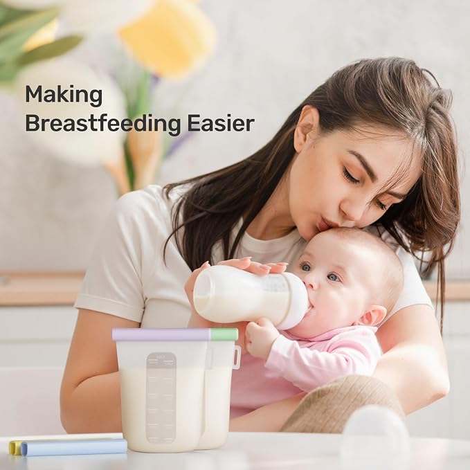 Nuliie 7 Pcs Reusable Silicone Breastmilk Storage Bags, 12oz/360ml Double Leak-Proof, BPA Free Self-Standing Milk Bags for Breastfeeding, Baby Food Pouches
