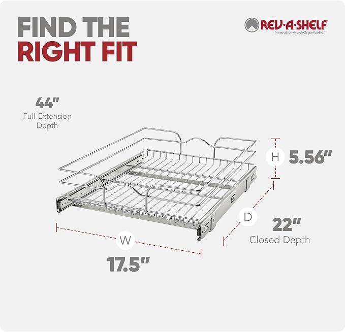 Rev-A-Shelf Steel Wire Pullout Drawer Organizer Shelf for Kitchen Cabinets, Slide Out Storage Basket, Min Opening Width of 17.5", 18" x 22", 5WB1-1822CR-1