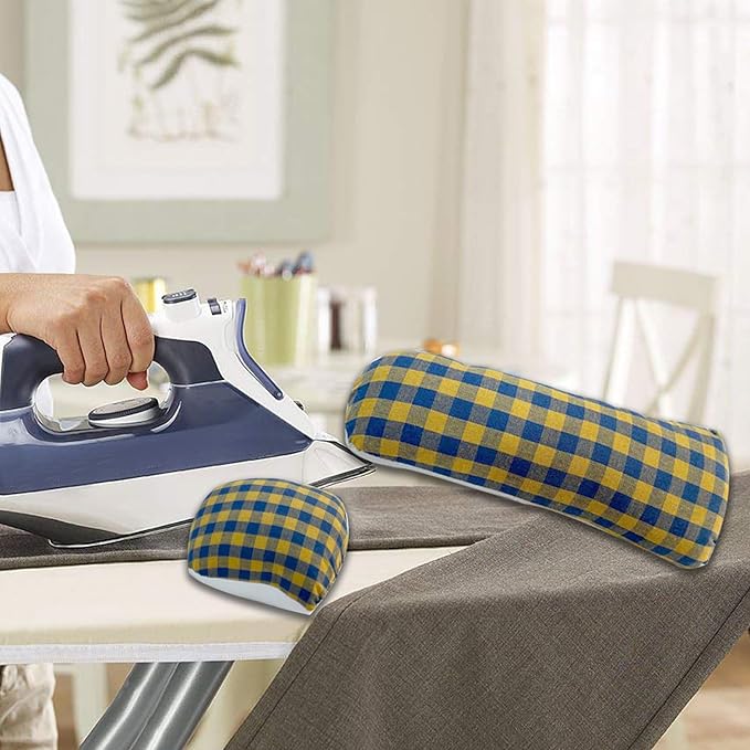 2 Pack Tailors Ham, Seam Roll Set, Premium Linen and Doll Cotton Press Ham Sewing Solid Tailor's Ham Kit Pressing Tool for Ironing Collar, Curved Seams, Yellow and Blue Plaid