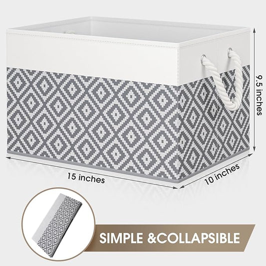 StorageTastic Storage Bins, 3-Pack Large Storage Box with Rope Handles, Collapsible Storage Basket for Organizing Books, Clothes, Rhombic Grey