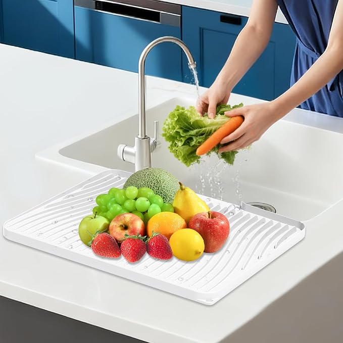 Silicone Dish Drying Mat for Kitchen counter, 19.7"x17" Extra Large Non-Slip Drain Pad with Built-in Drainage, Heat Resistant Dishwasher Safe, Ivory