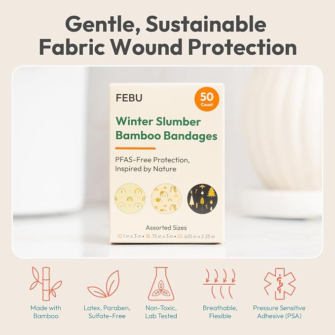 FEBU Sloth Fabric Bandages | PFAS Free Flexible Fabric Bandages | Natural Hypoallergenic Bandage for Scrapes, Cuts & First Aid | Compostable, Latex Free Bandage | 50 Count Strip