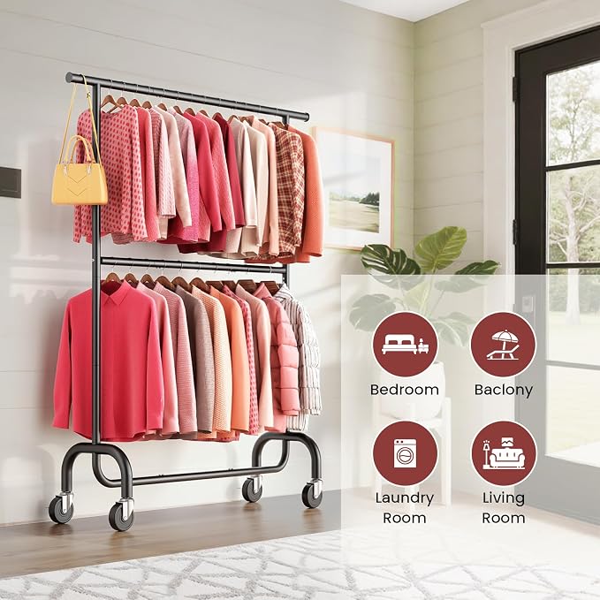Heavy Duty Clothes Rack for Bedroom - Rolling Clothing Rack with 6-Level Adjustable Height - Lockable Wheels - Portable Garment Rack for Livingroom Laundry Closet - 600 lbs Capacity - Black