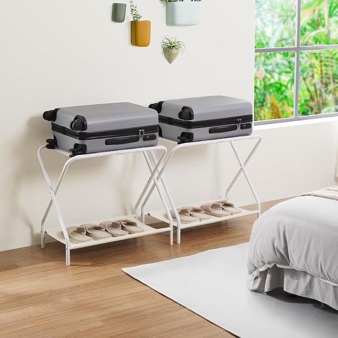 AMHANCIBLE Luggage Rack, Set of 2, Foldable Suitcase Stands for Guest Room | Metal Luggage Holder with Storage Shelf for Bedroom, Hotel, Easy Assemble, White
