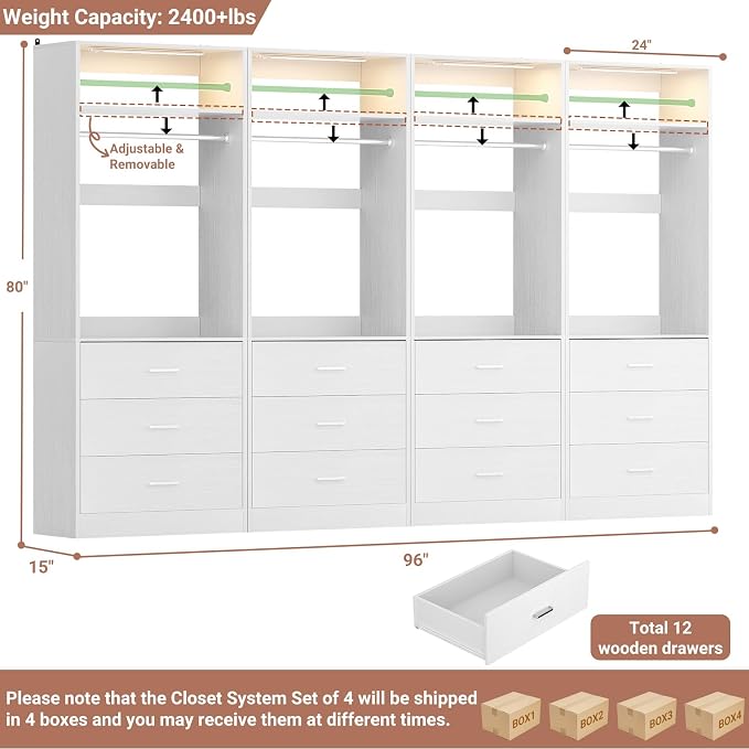 Besiost 8FT Closet System with 4 Motion Sensor LED Lights, 96" Closet Systems with 12 Drawers, Closet Organizer System with 4 Hanging Rods & 4 Shelves, Heavy Duty 96 Inch Walk-in Closet, White
